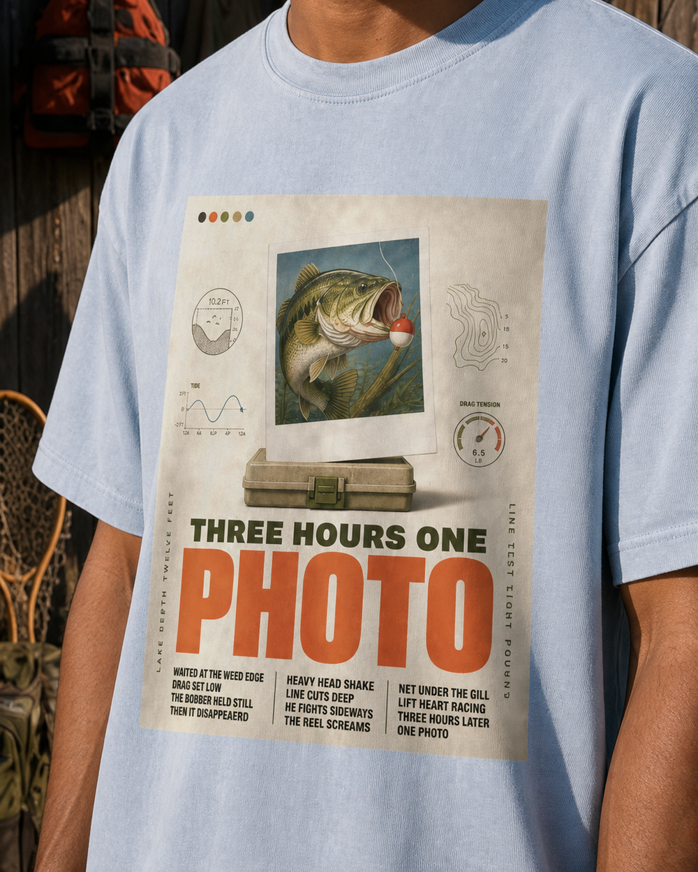 Three Hours One Photo washed tee — washed light blue, worn, side