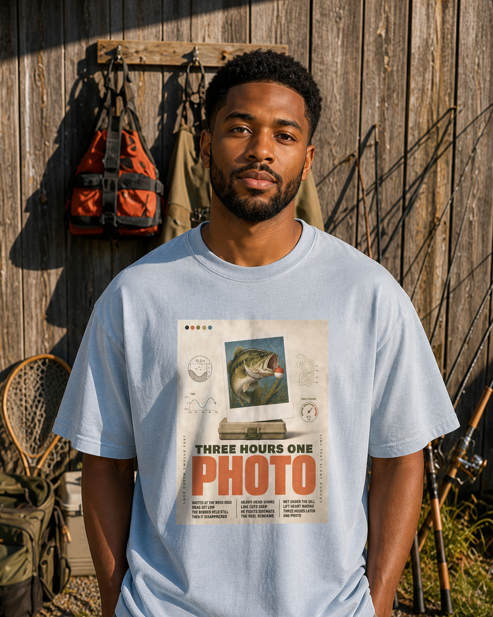 Three Hours One Photo washed tee — washed light blue, worn, front
