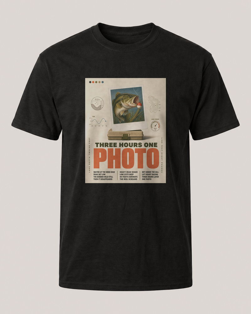 Three Hours One Photo tee — black, front