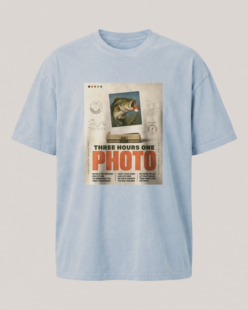 Three Hours One Photo washed tee — washed light blue, front