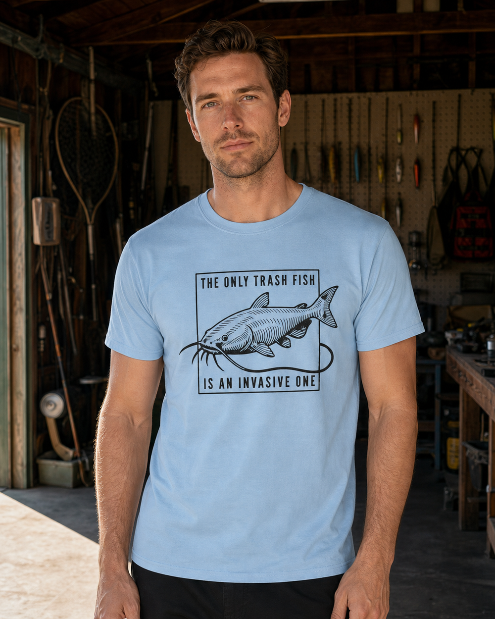 The Only Trash Fish tee — light blue, worn, front