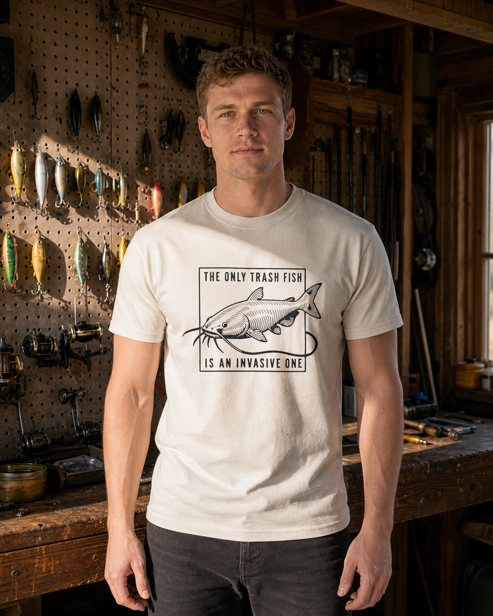 The Only Trash Fish tee — sand, worn, front