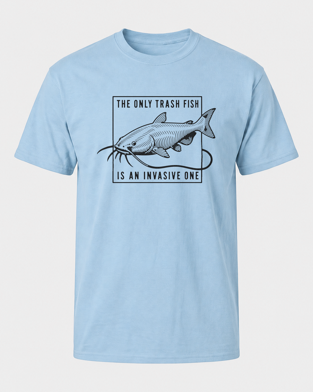 The Only Trash Fish tee — light blue, front