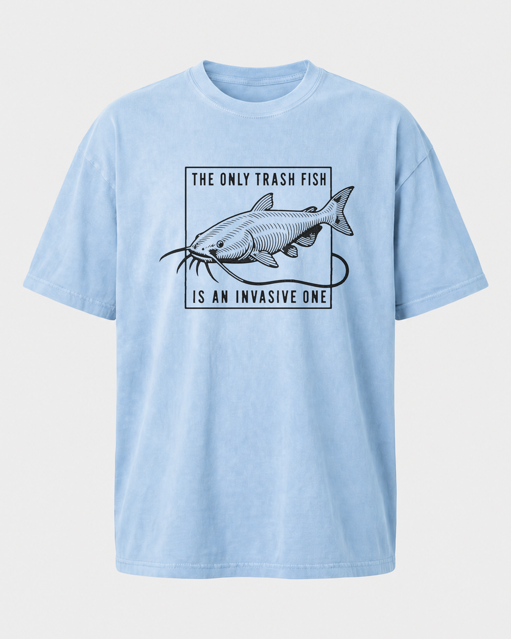 The Only Trash Fish washed tee — washed light blue, front