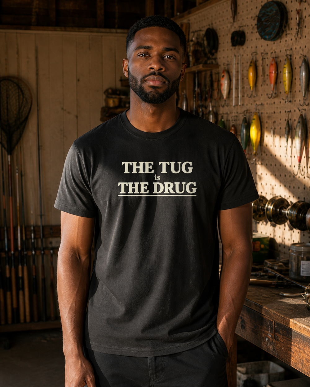 The Tug Is The Drug Stacked tee — black, worn, front