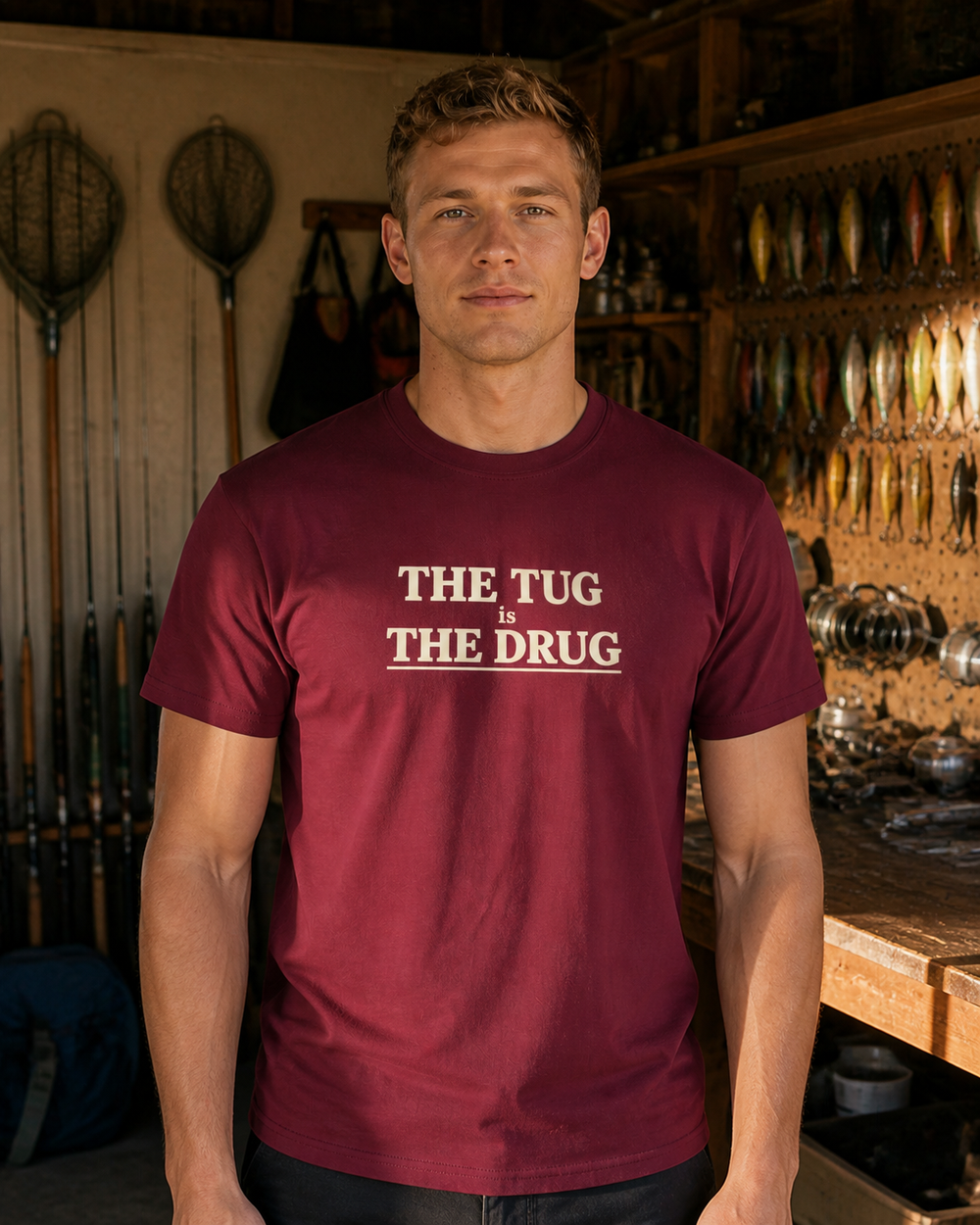 The Tug Is The Drug Stacked tee — maroon, worn, front