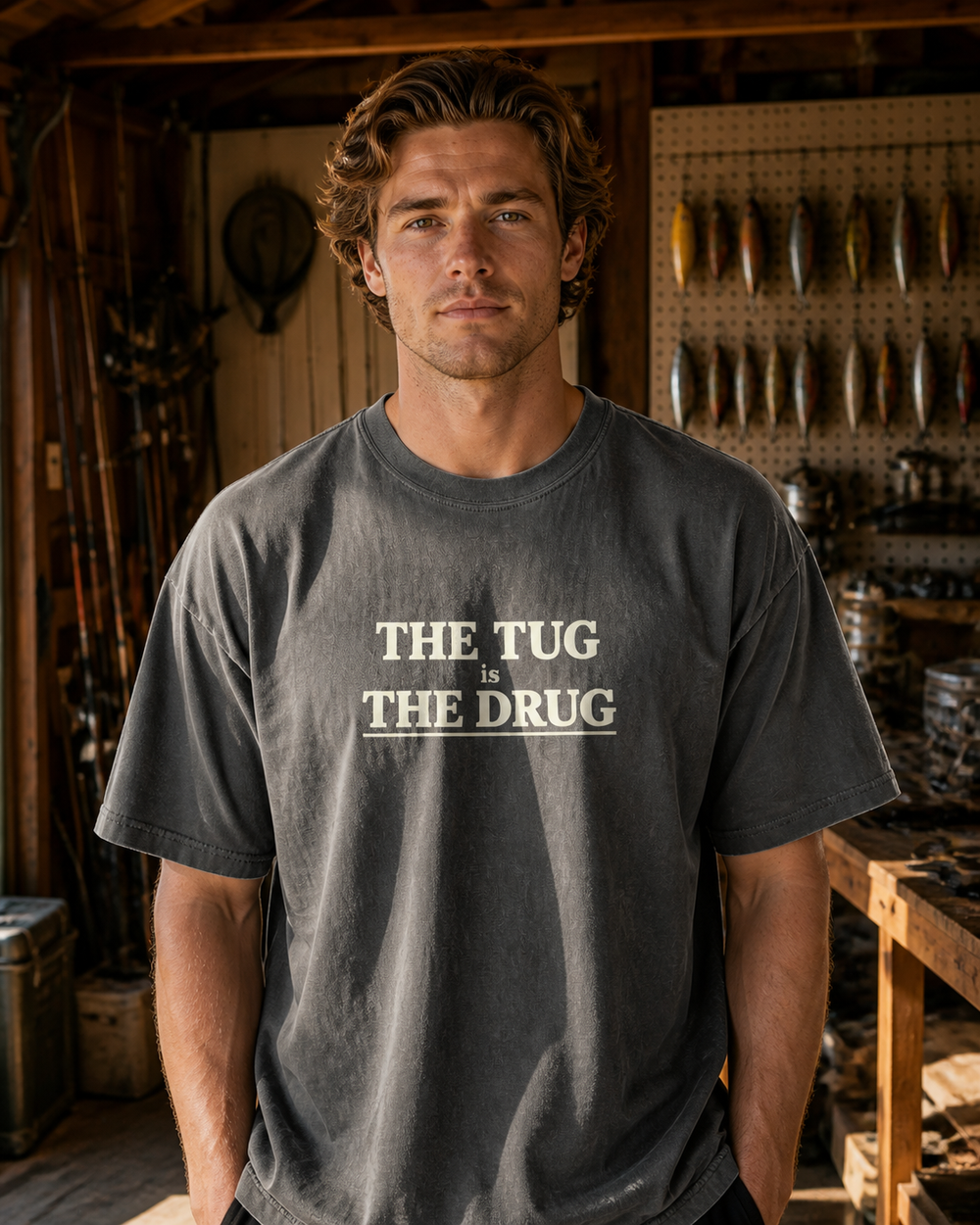 The Tug Is The Drug Stacked washed tee — washed black, worn, front