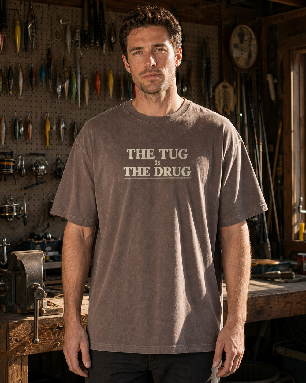 The Tug Is The Drug Stacked washed tee — washed coffee, worn, front