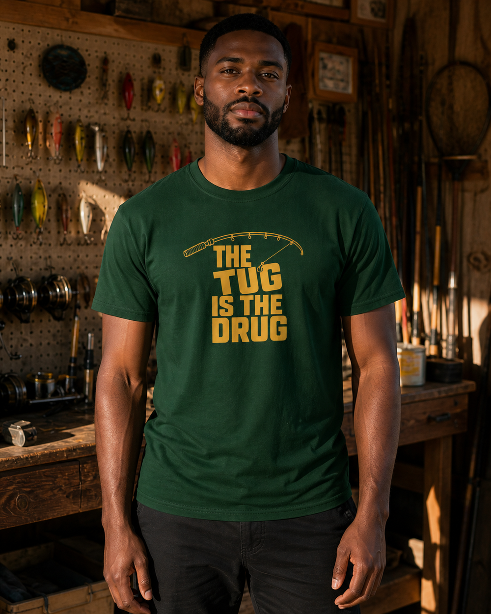 The Tug Is The Drug (free) tee — forest, worn, front