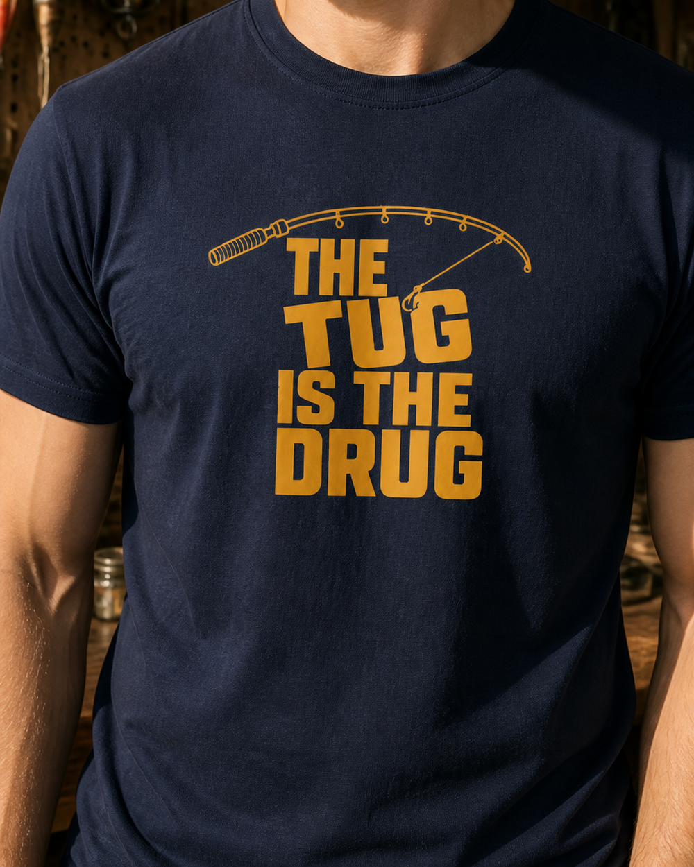 The Tug Is The Drug (free) tee — navy, worn, side