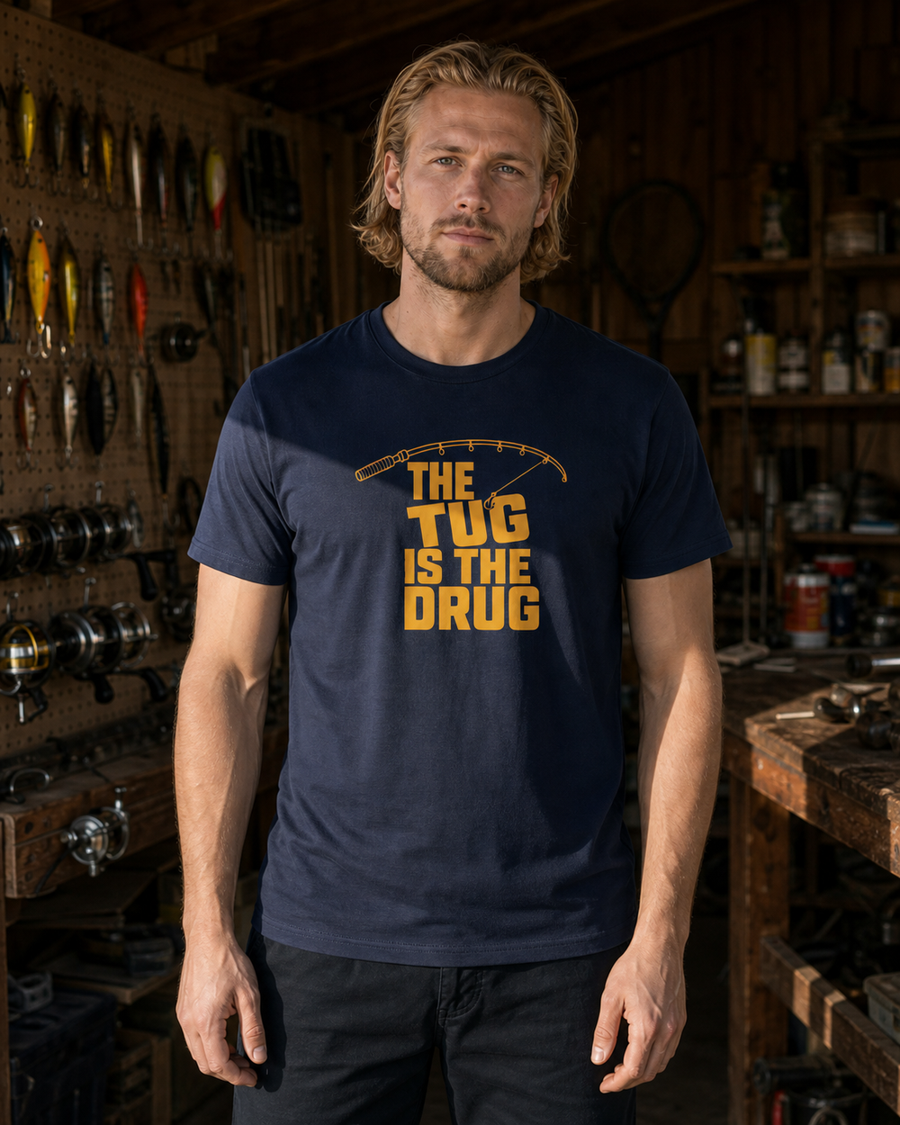 The Tug Is The Drug (free) tee — navy, worn, front