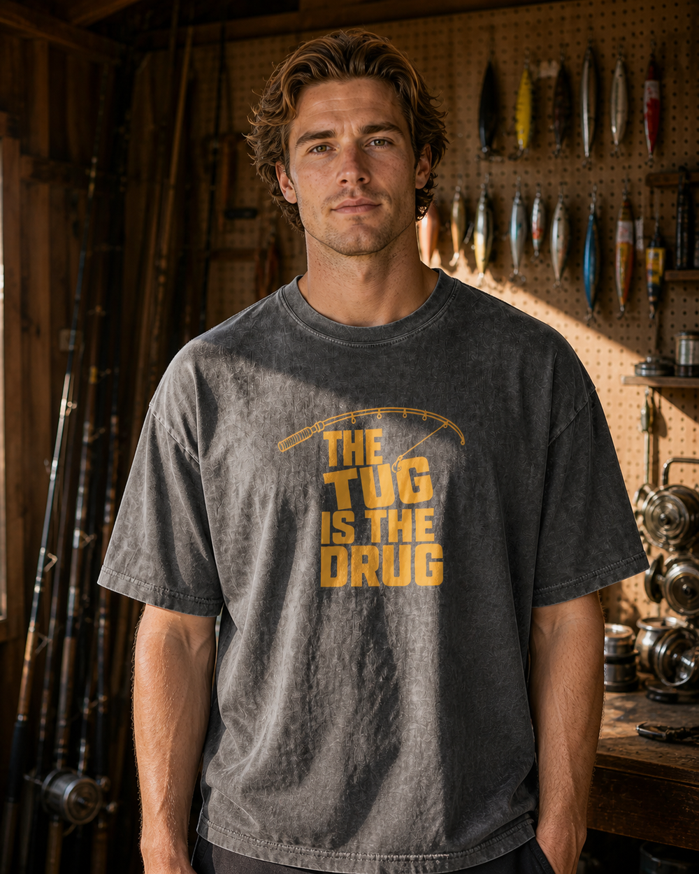 The Tug Is The Drug (free) washed tee — washed black, worn, front