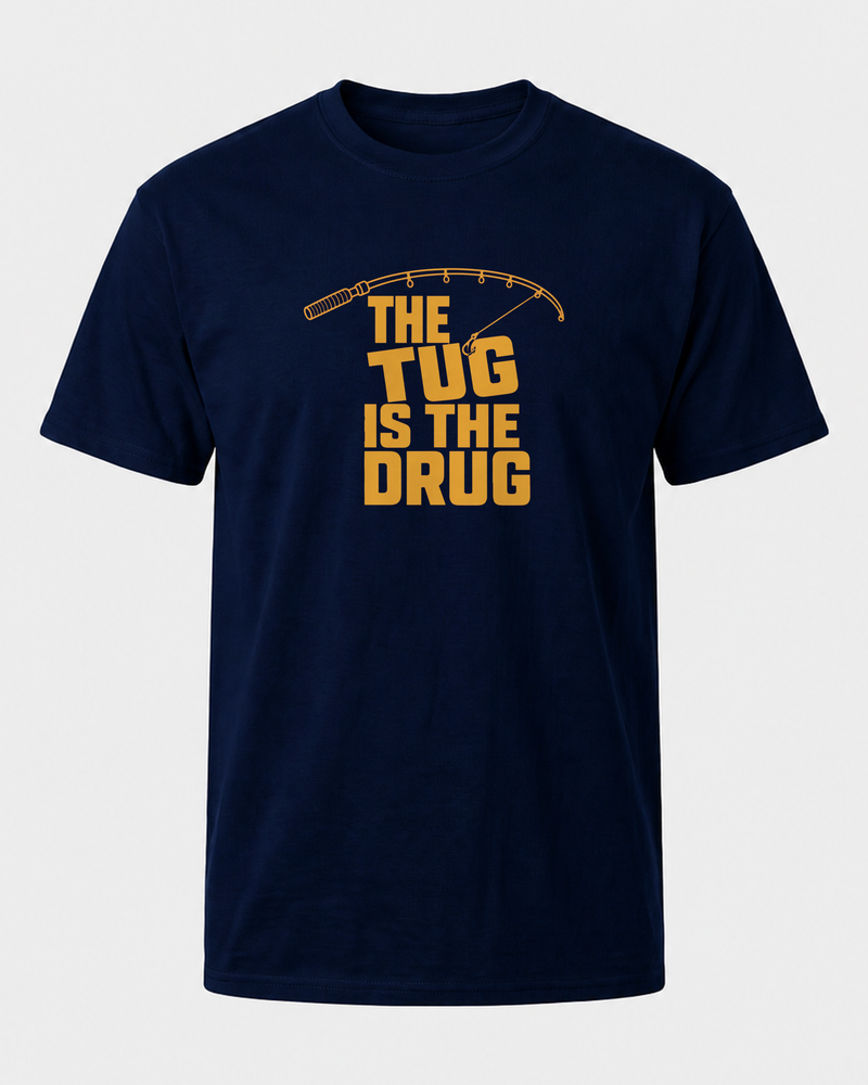 The Tug Is The Drug (free) tee — navy, front