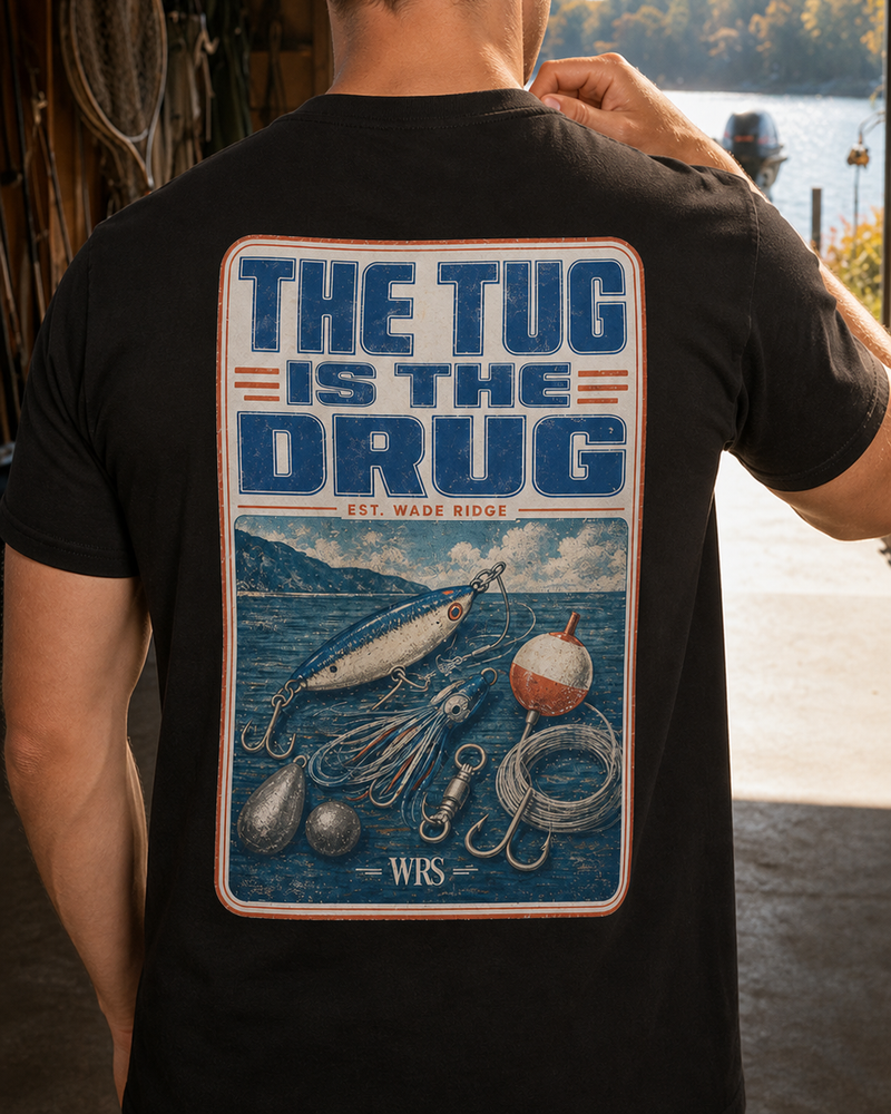 The Tug Is The Drug — Tackle Box Poster tee — black, worn, side