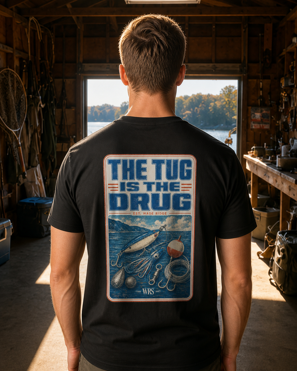 The Tug Is The Drug — Tackle Box Poster tee — black, worn, front