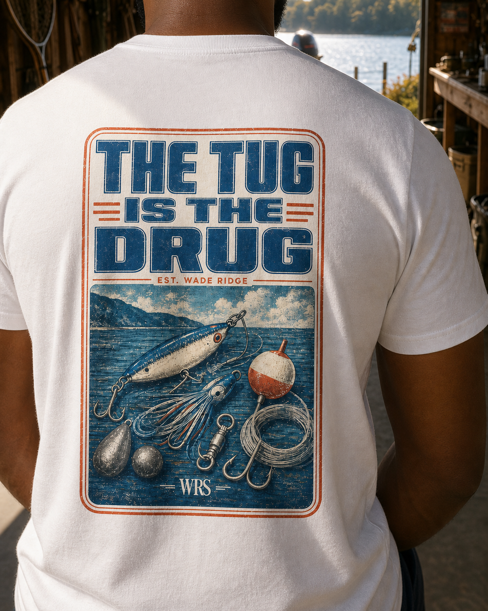 The Tug Is The Drug — Tackle Box Poster tee — worn, side