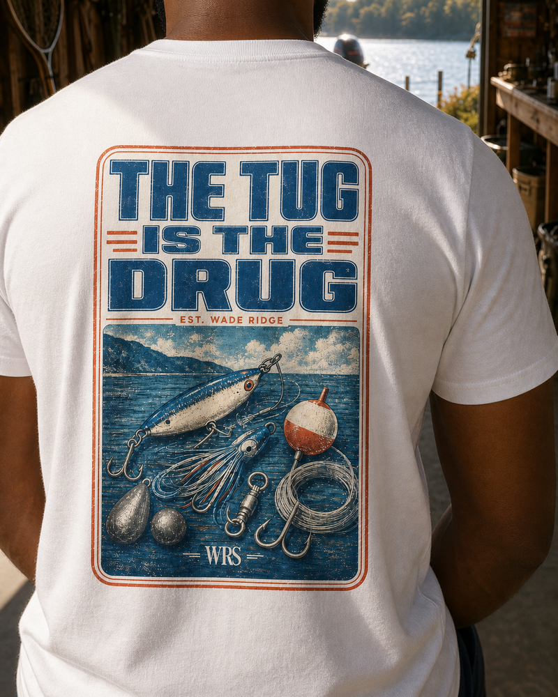 The Tug Is The Drug — Tackle Box Poster tee — worn, side