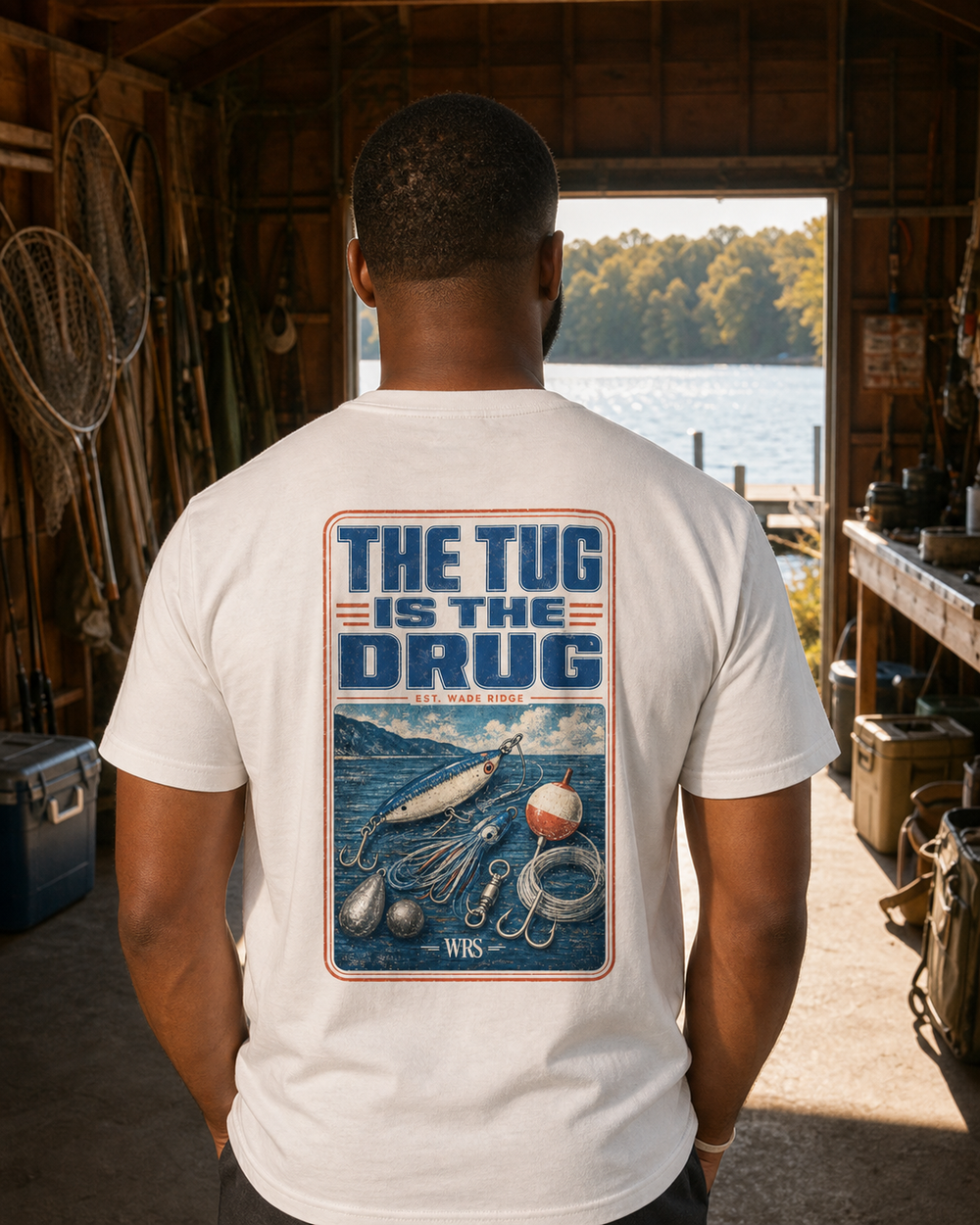 The Tug Is The Drug — Tackle Box Poster tee — worn, front