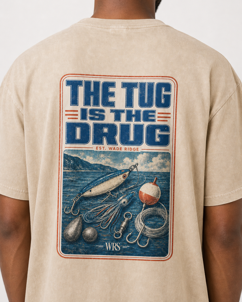 The Tug Is The Drug — Tackle Box Poster washed tee — washed bone, worn, side