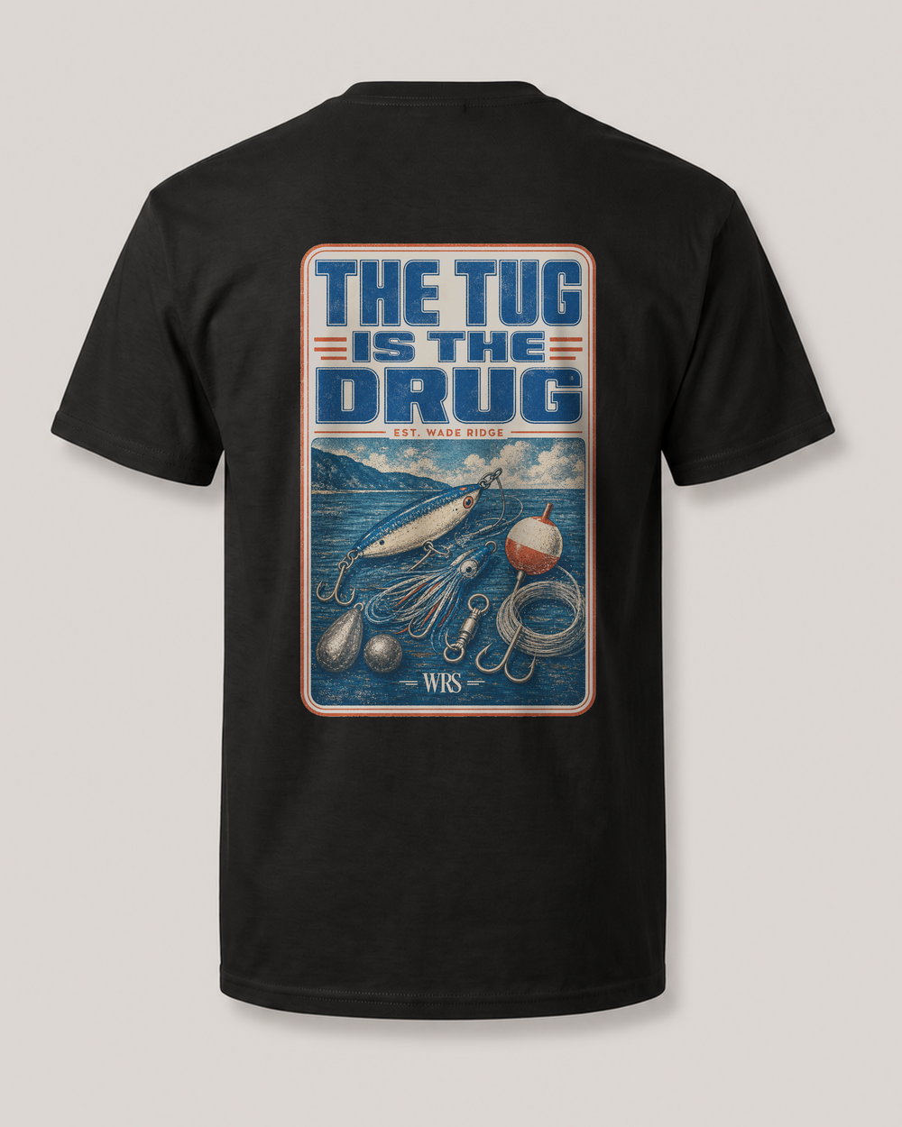 The Tug Is The Drug — Tackle Box Poster tee — black, front