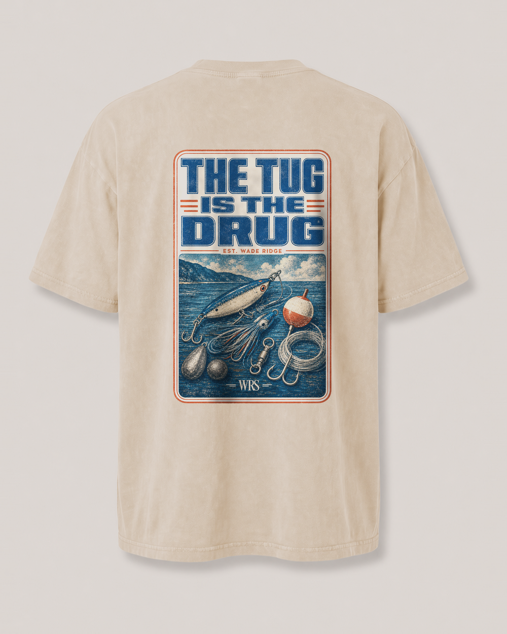 The Tug Is The Drug — Tackle Box Poster washed tee — washed bone, front