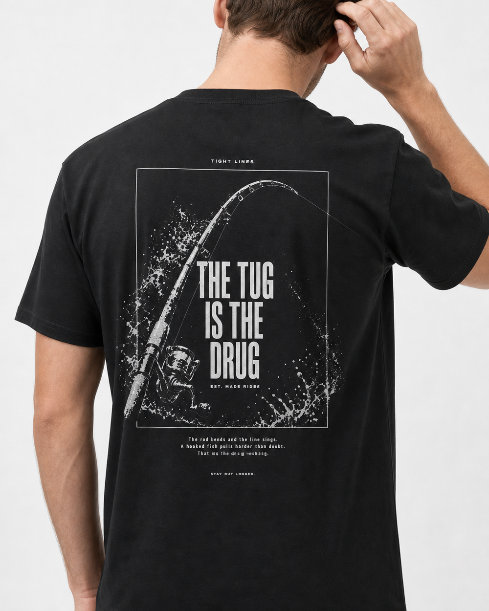 The Tug Is The Drug — Rod Under Load tee — black, worn, side