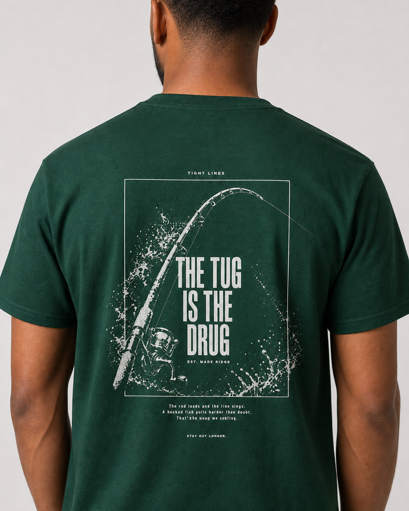 The Tug Is The Drug — Rod Under Load tee — forest, worn, side