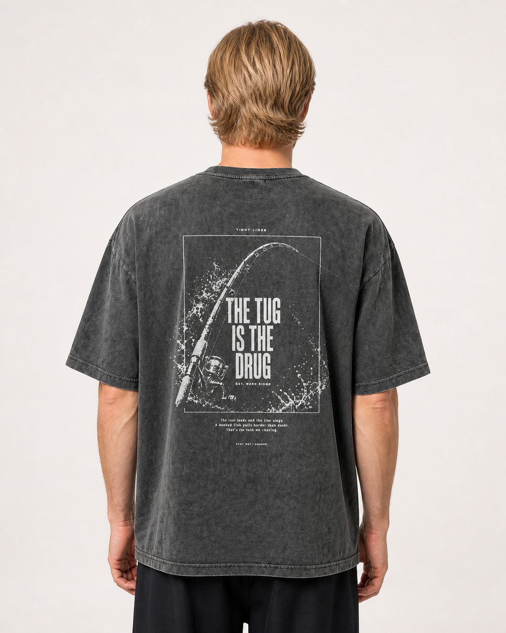 The Tug Is The Drug — Rod Under Load washed tee — washed black, worn, front
