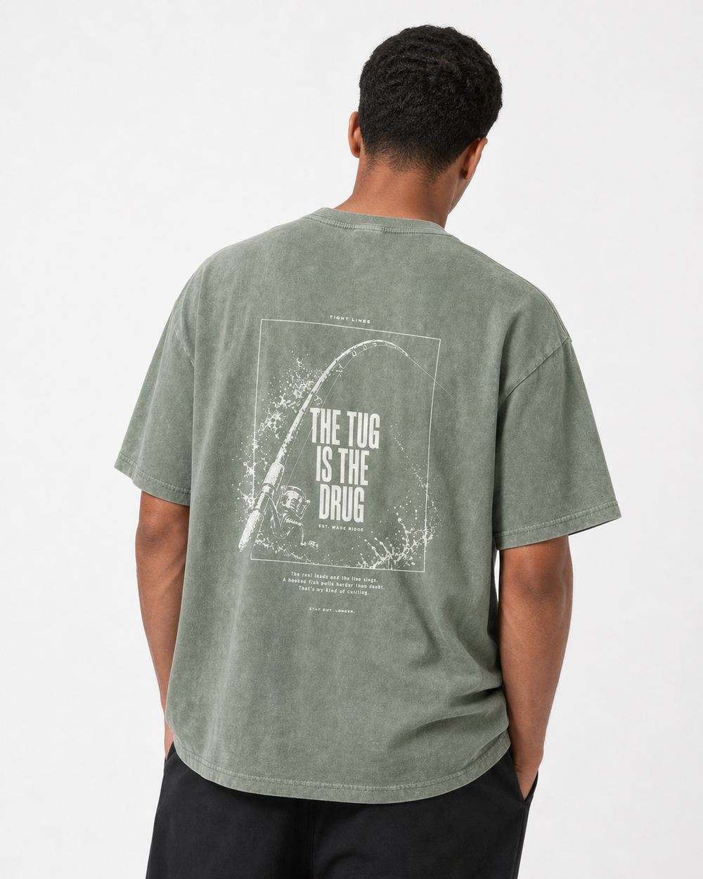 The Tug Is The Drug — Rod Under Load washed tee — washed sage, worn, front