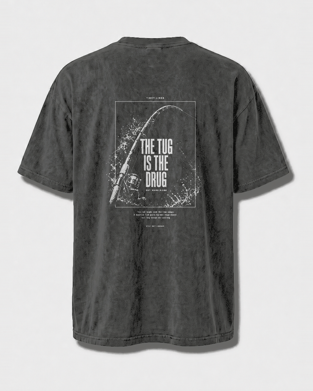 The Tug Is The Drug — Rod Under Load washed tee — washed black, front