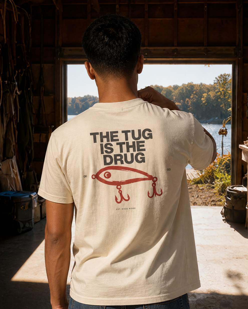 The Tug Is The Drug — Brushed Lure tee — bone, worn, front