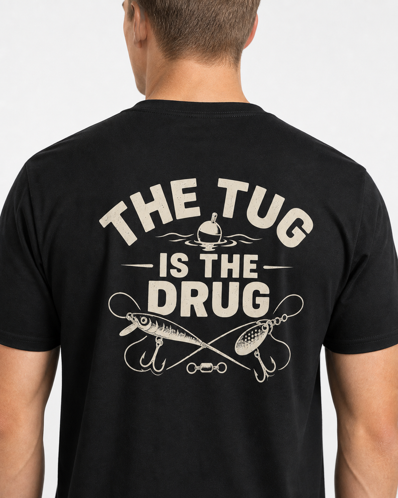 The Tug Is The Drug — Crossed Lures tee — black, worn, side