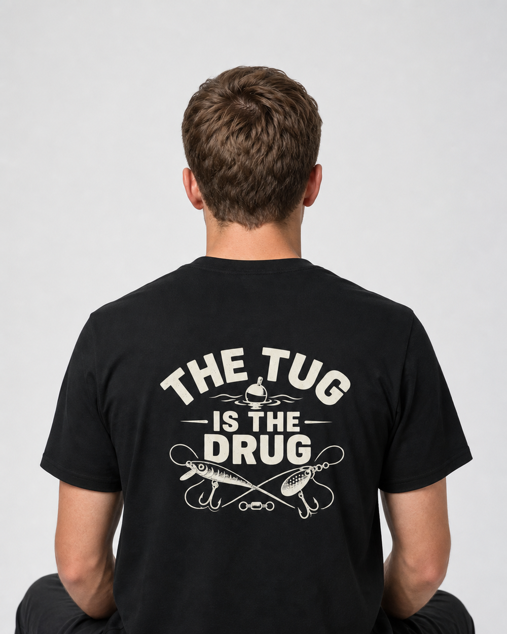 The Tug Is The Drug — Crossed Lures tee — black, worn, front