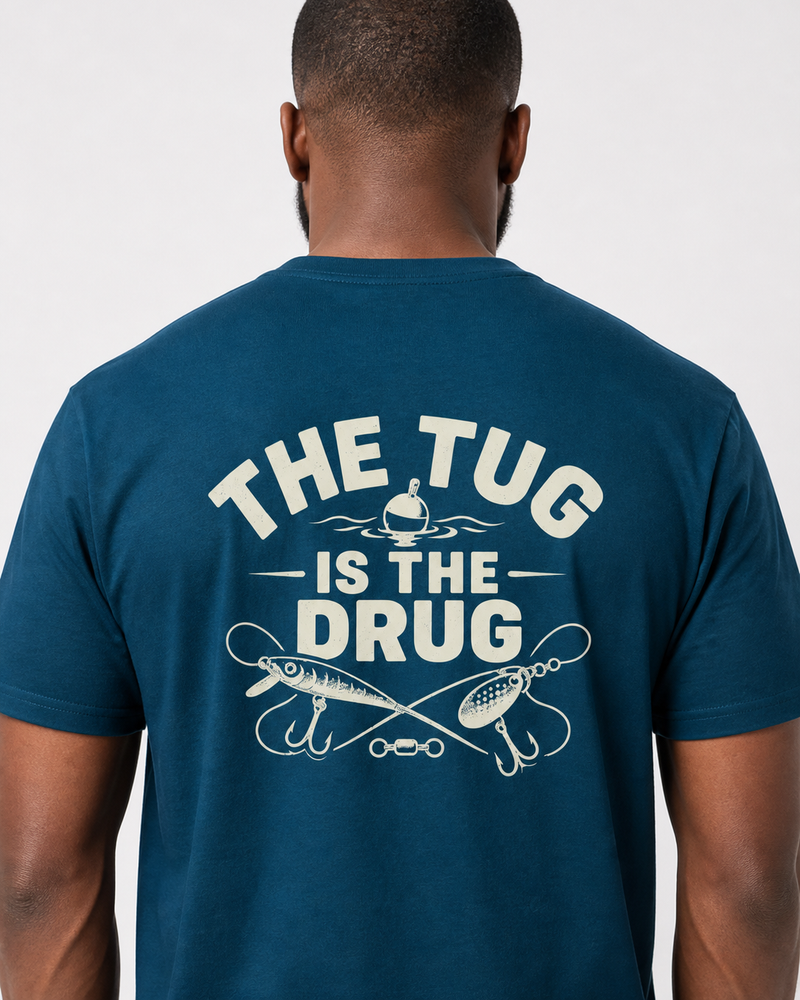 The Tug Is The Drug — Crossed Lures tee — midnight navy, worn, side