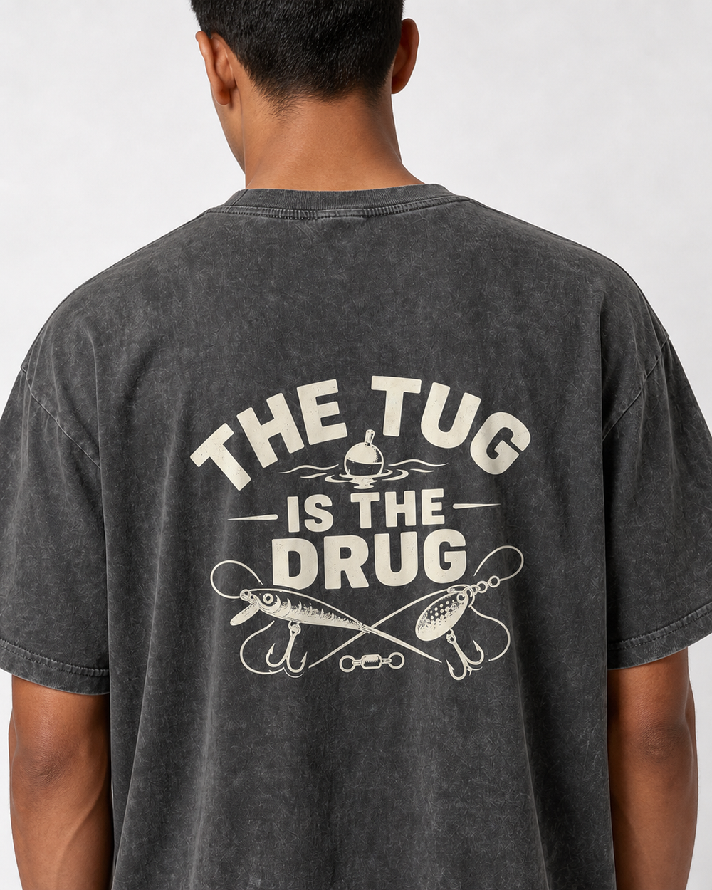 The Tug Is The Drug — Crossed Lures washed tee — washed black, worn, side