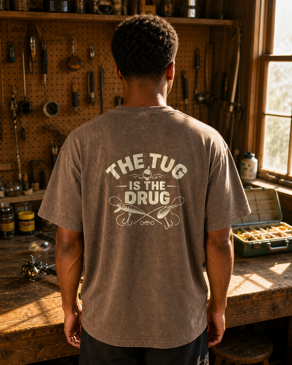 The Tug Is The Drug — Crossed Lures washed tee — washed coffee, worn, front