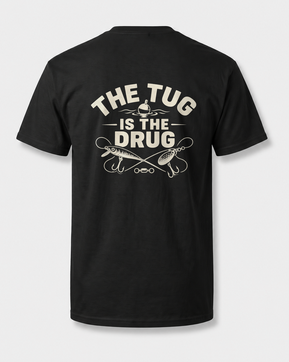 The Tug Is The Drug — Crossed Lures tee — black, front