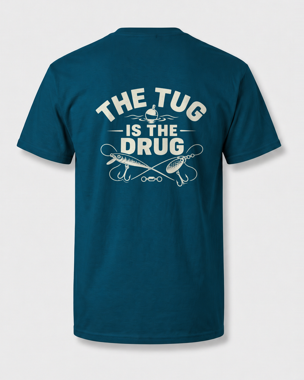 The Tug Is The Drug — Crossed Lures tee — midnight navy, front