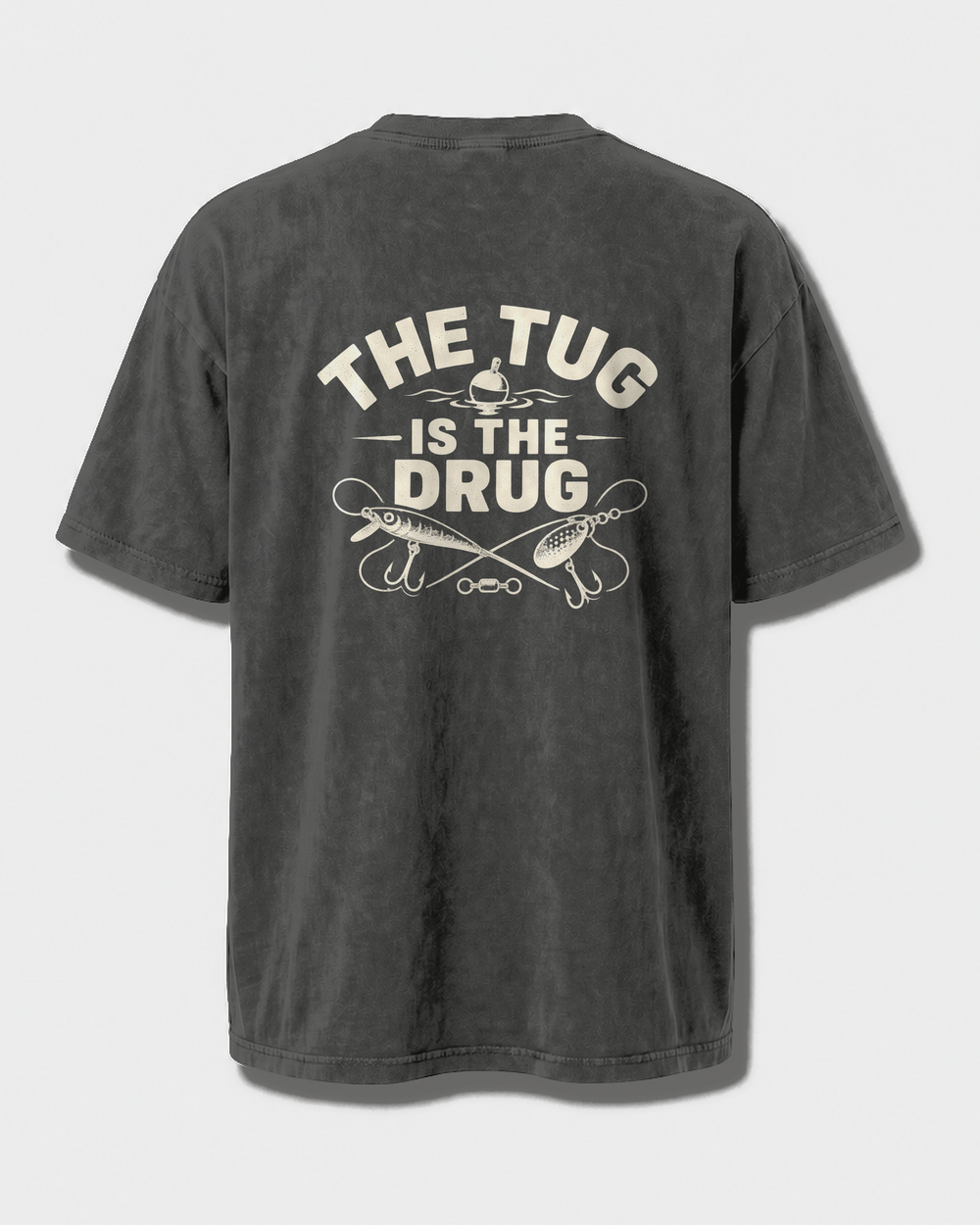The Tug Is The Drug — Crossed Lures washed tee — washed black, front