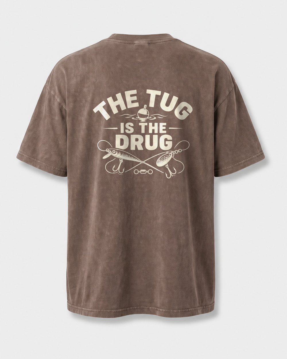 The Tug Is The Drug — Crossed Lures washed tee — washed coffee, front