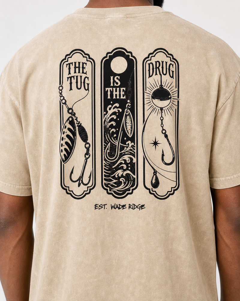 The Tug Is The Drug — Lure Panels washed tee — washed bone, worn, side