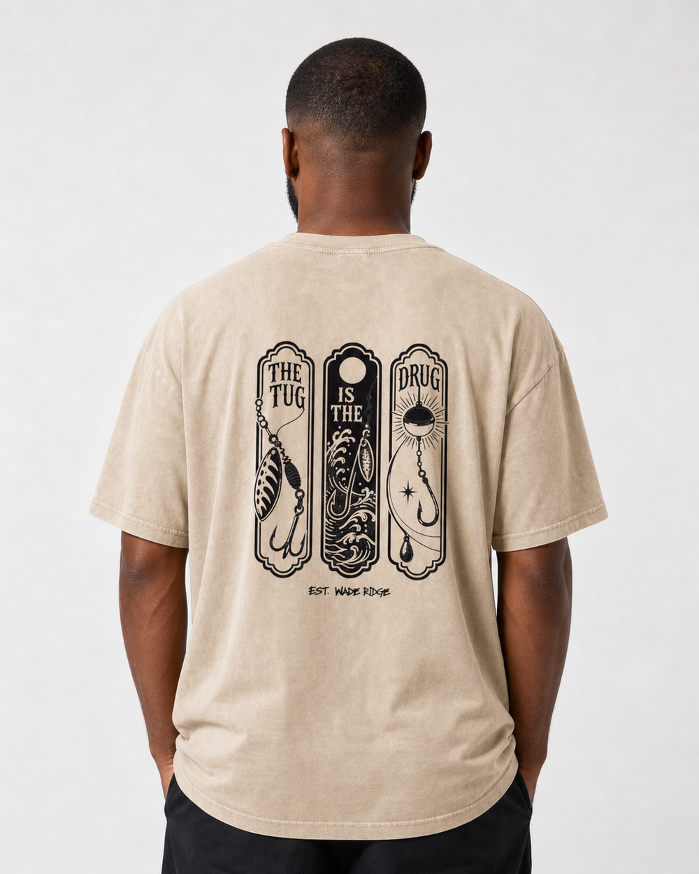 The Tug Is The Drug — Lure Panels washed tee — washed bone, worn, front