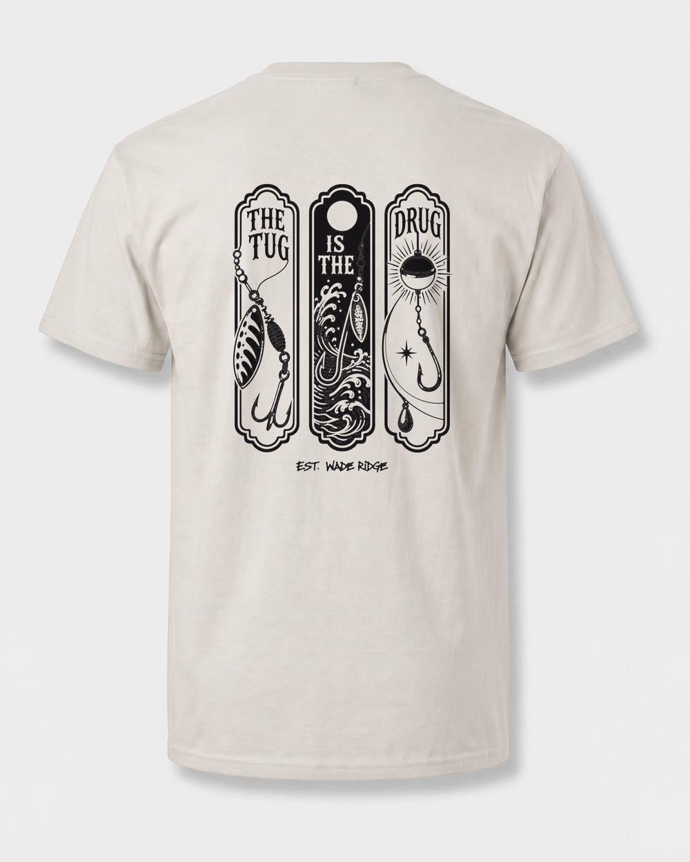 The Tug Is The Drug — Lure Panels tee — sand, front