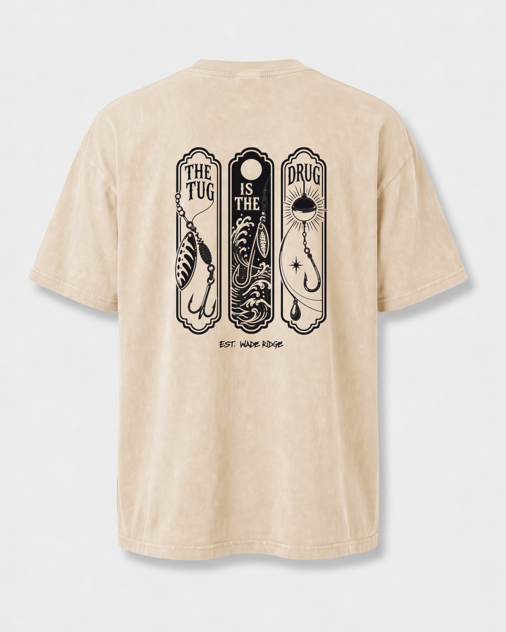The Tug Is The Drug — Lure Panels washed tee — washed bone, front
