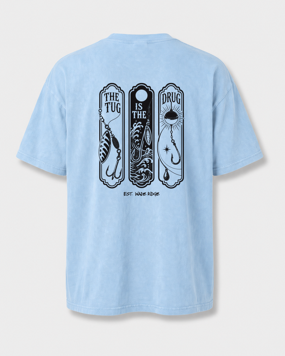 The Tug Is The Drug — Lure Panels washed tee — washed light blue, front