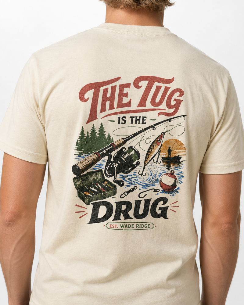 The Tug Is The Drug — Lake Day tee — bone, worn, side