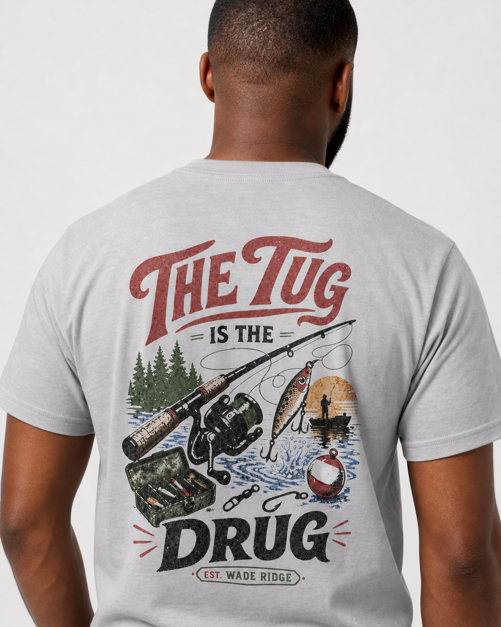 The Tug Is The Drug — Lake Day tee — sports grey, worn, side