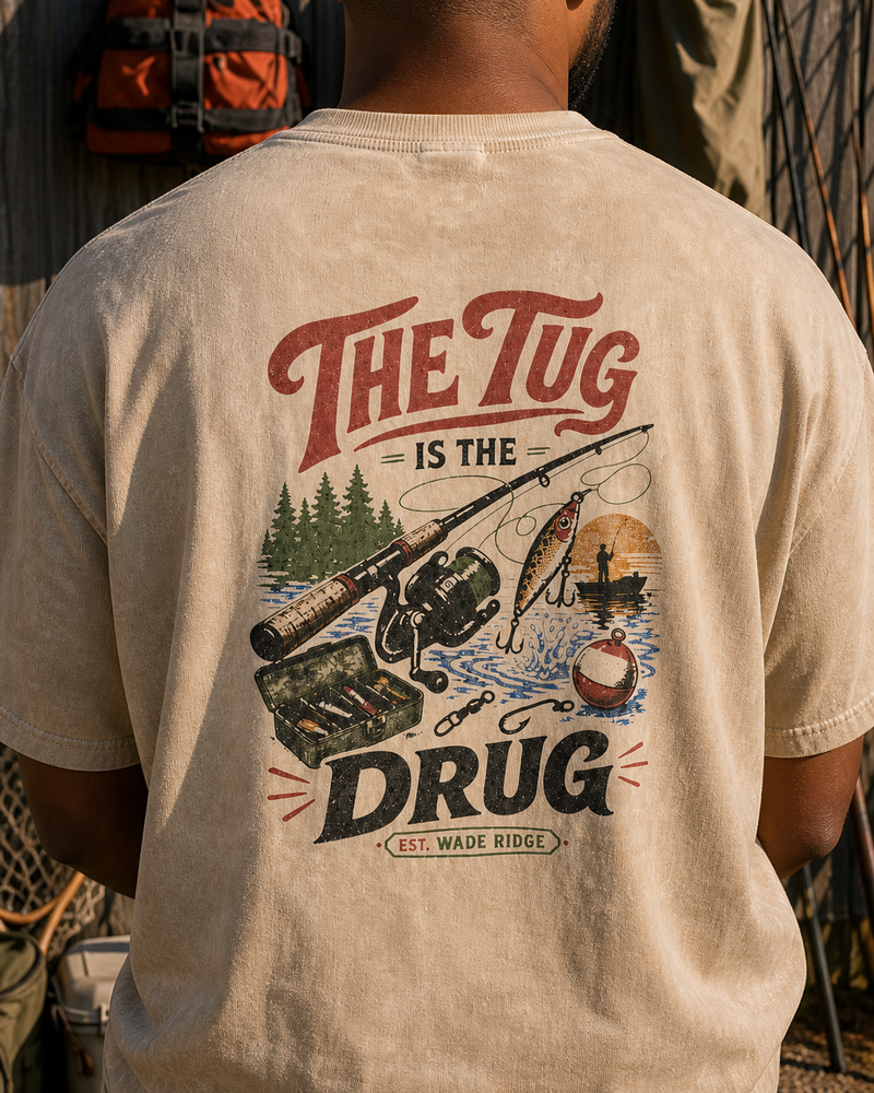 The Tug Is The Drug — Lake Day washed tee — washed bone, worn, side