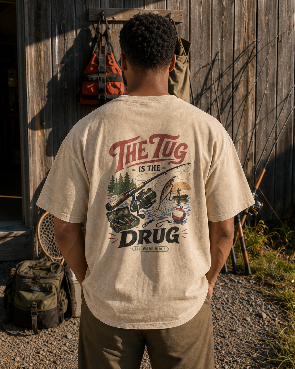 The Tug Is The Drug — Lake Day washed tee — washed bone, worn, front