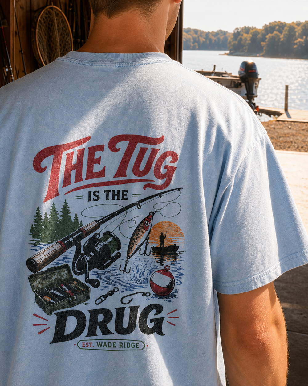 The Tug Is The Drug — Lake Day washed tee — washed light blue, worn, side